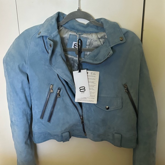 8 by YOOX 100% Suede Blue zip Jacket - Picture 3 of 5